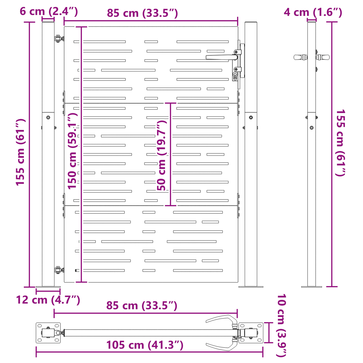 Hageport med lås Svart 105 x 150 cm Pulverlakkert stål