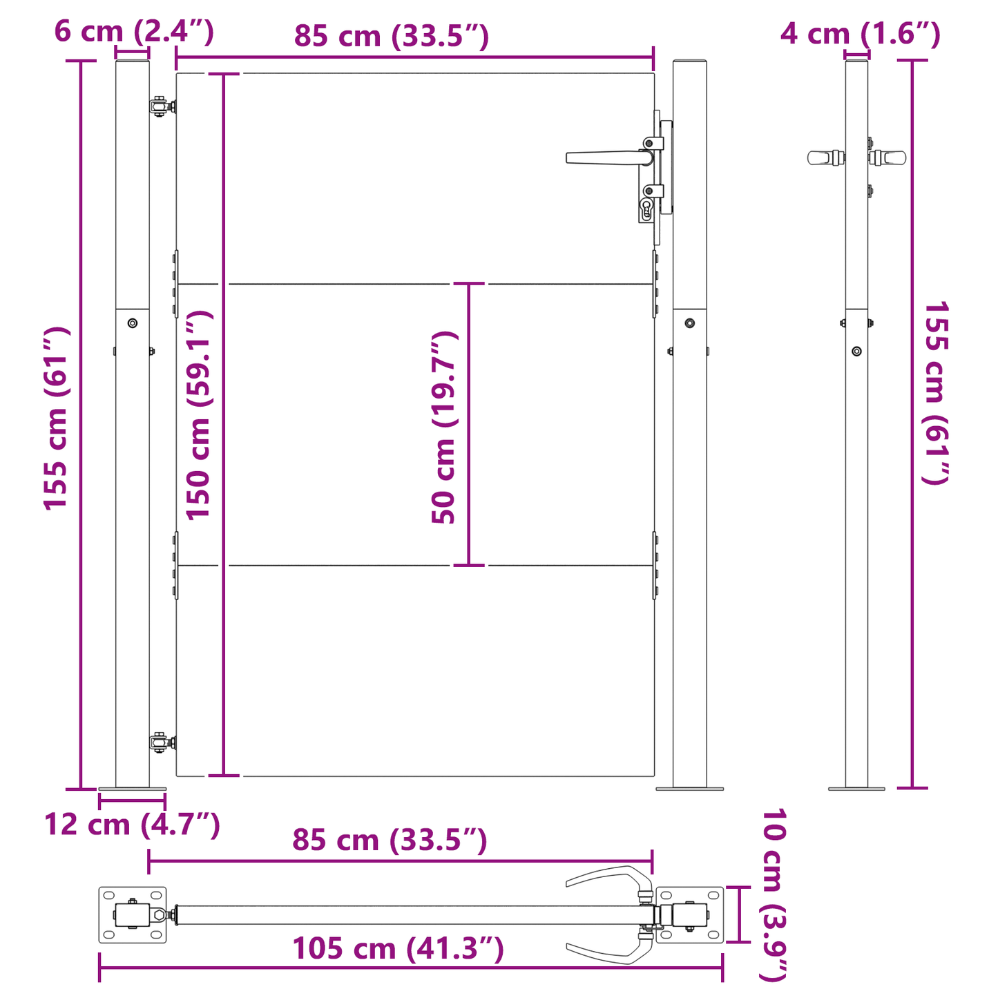 Hageport med lås Svart 105 x 150 cm Pulverlakkert stål