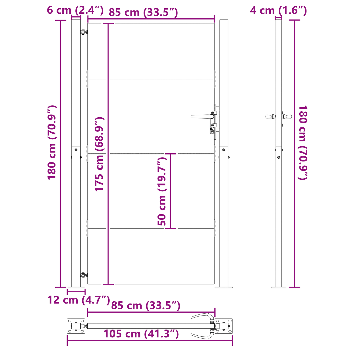 Hageport med lås Svart 105 x 175 cm Pulverlakkert stål