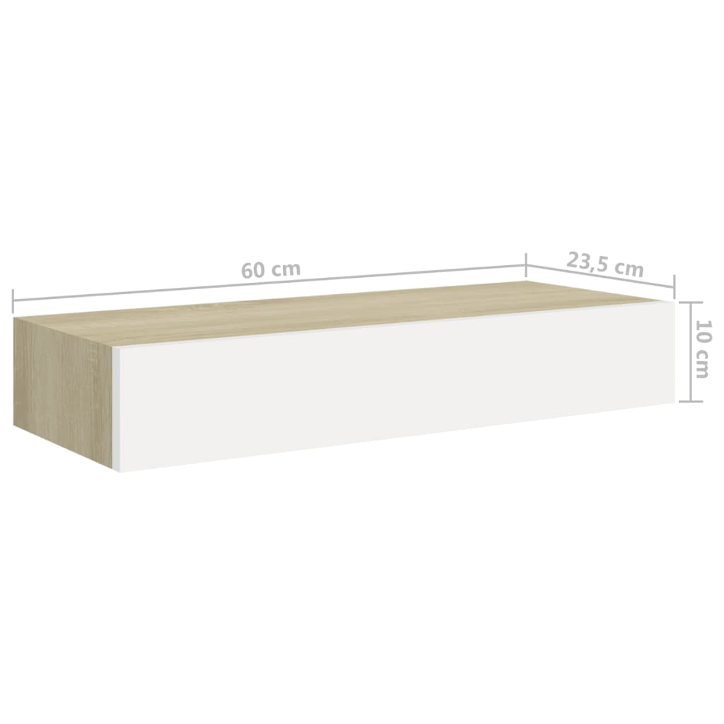 Veggmonterte skuffehyller 2 stk eik og hvit 60x23,5x10 cm MDF