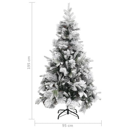 Juletre med flokket snø og kongler 195 cm PVC og PE