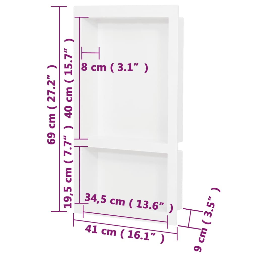 Veggnisjer til dusj med 2 rom høyglans hvit 41x69x9 cm