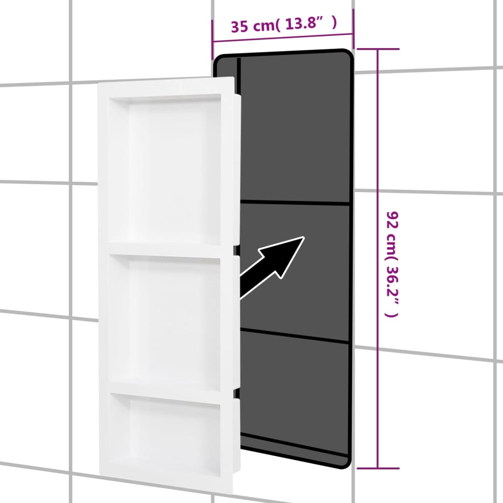 Veggnisjer til dusj med 3 rom høyglans hvit 41x99x9 cm