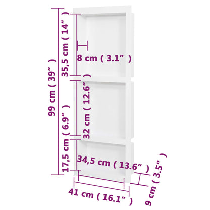 Veggnisjer til dusj med 3 rom høyglans hvit 41x99x9 cm