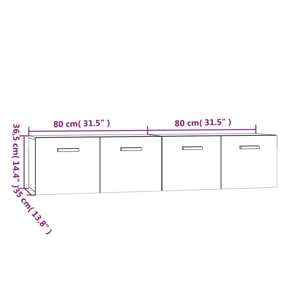 Veggskap 2 stk høyglans hvit 80x35x36,5 cm konstruert tre