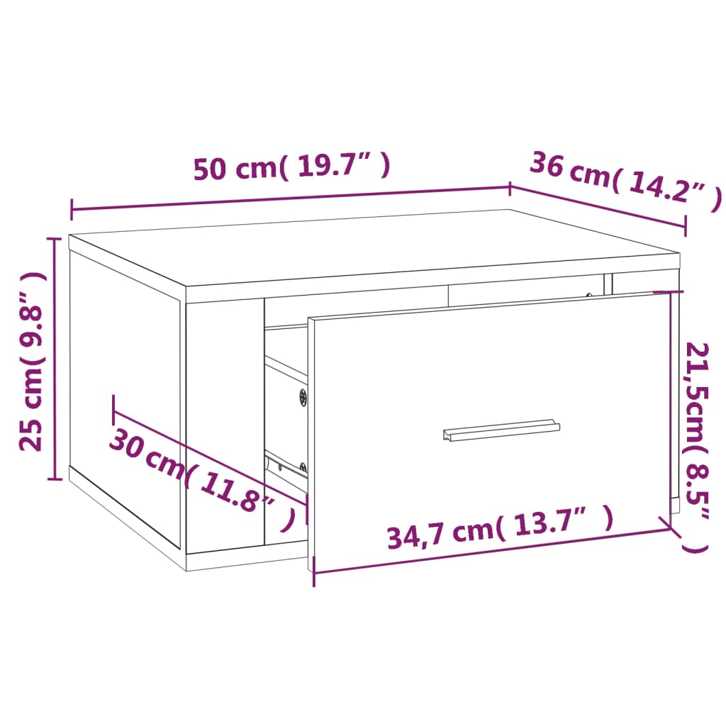 Veggmonterte nattbord 2 stk hvit 50x36x25 cm