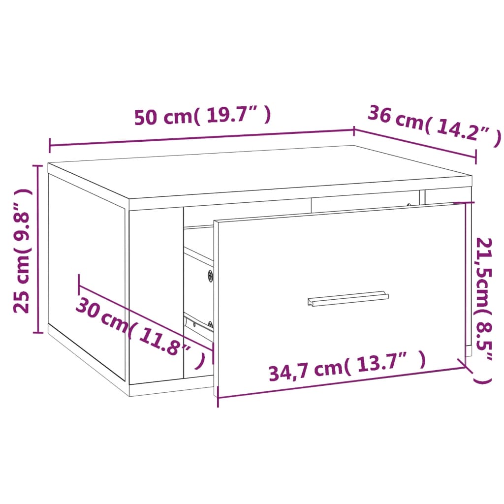 Veggmonterte nattbord 2 stk høyglans hvit 50x36x25 cm