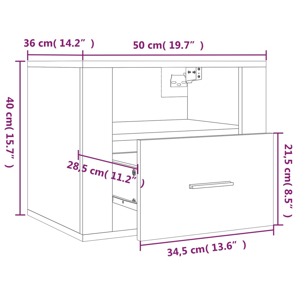 Veggmonterte nattbord 2 stk hvit 50x36x40 cm