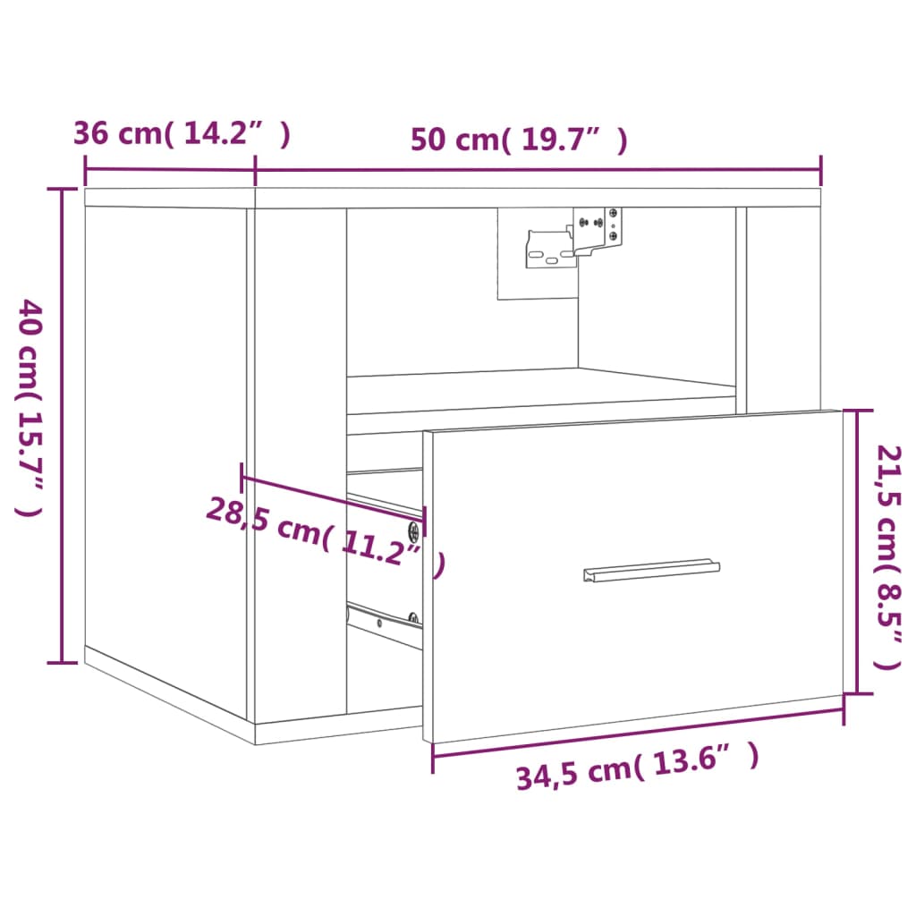 Veggmonterte nattbord 2 stk svart 50x36x40 cm