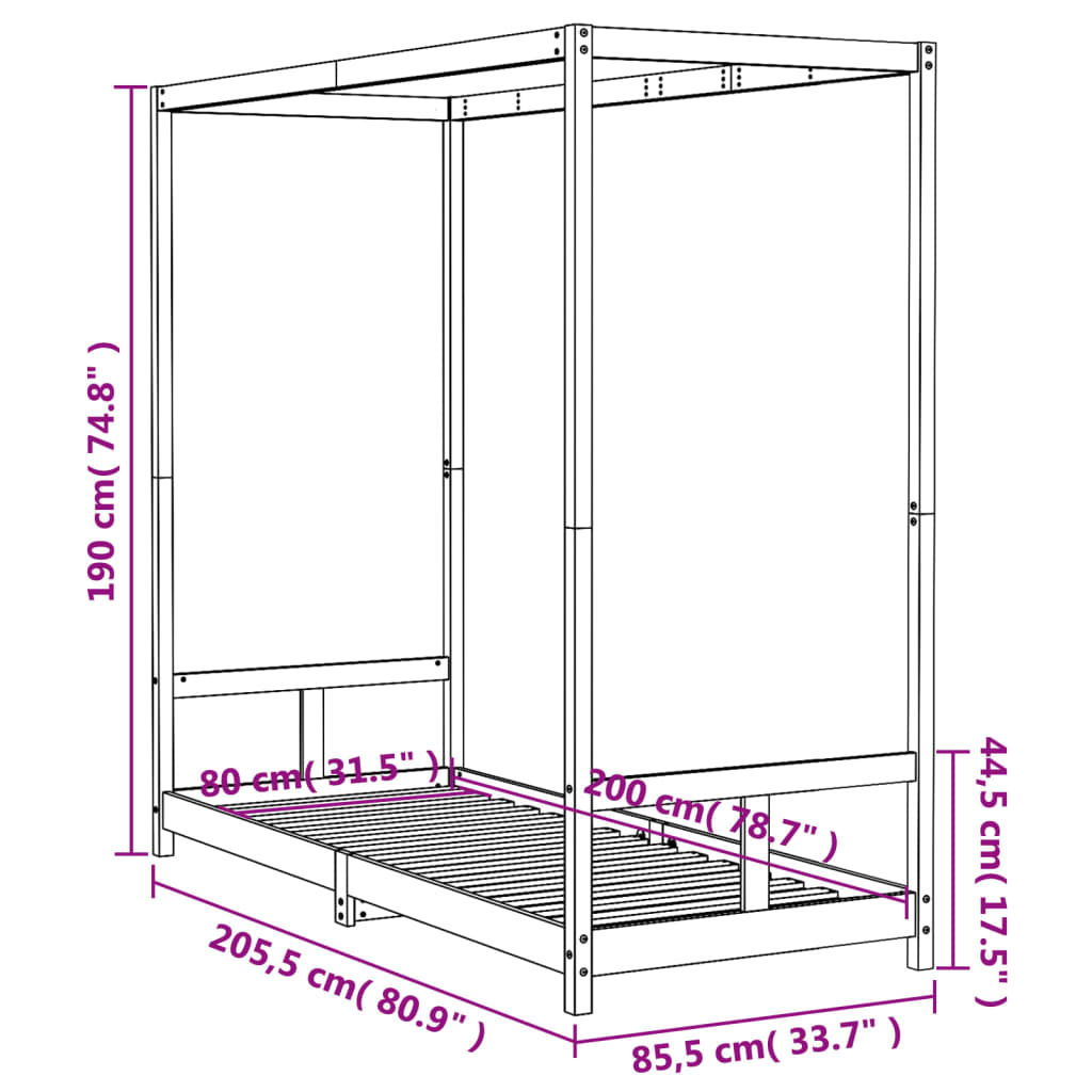 Barnesengeramme svart 80x200 cm heltre furu