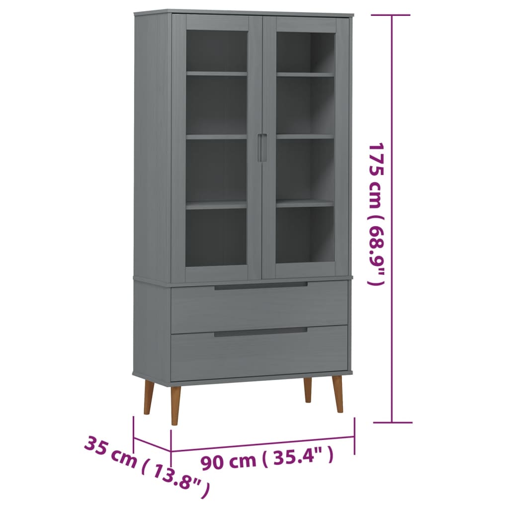 Vitrine MOLDE grå 90x35x175 cm heltre furu