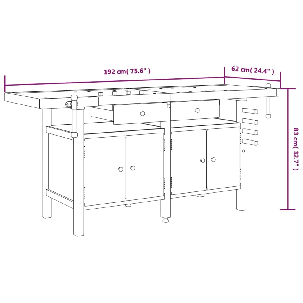 Arbeidsbenk skuffer og skrustikker 192x62x83 cm heltre akasie