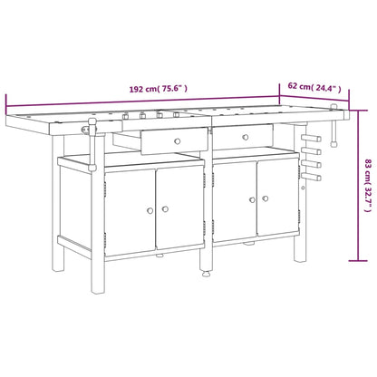 Arbeidsbenk skuffer og skrustikker 192x62x83 cm heltre akasie