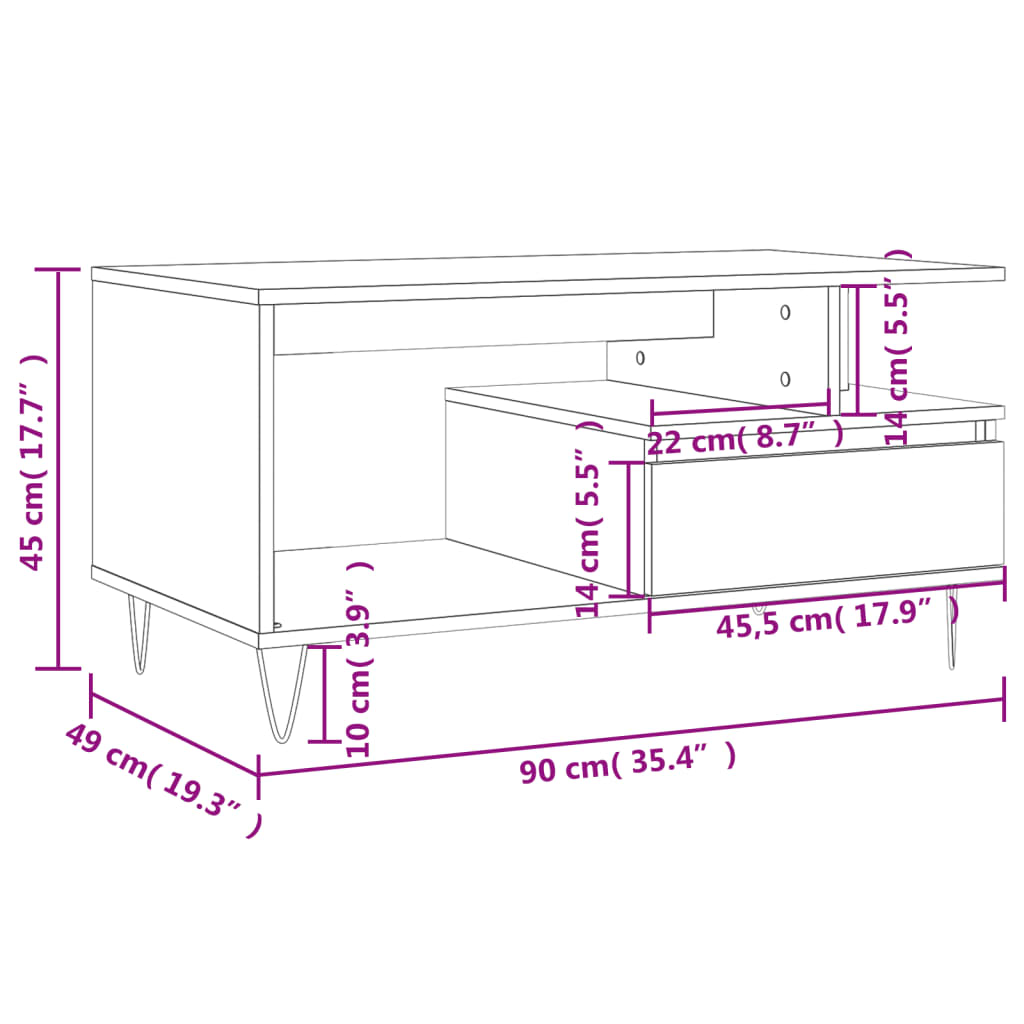 Salongbord røkt eik 90x49x45 cm konstruert tre