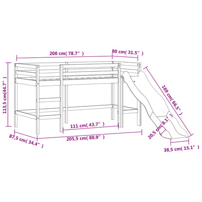Køyeseng for barn med sklie hvit 80x200 cm heltre furu