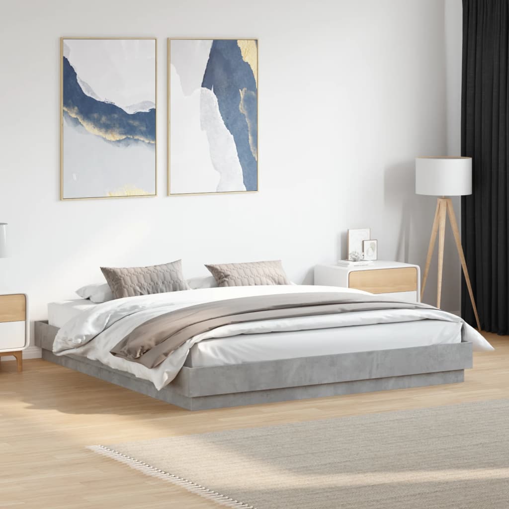 Sengeramme med LED-lys betonggrå 200x200 cm