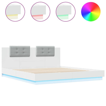 Sengeramme med hodegavl og LED-lys hvit 200x200 cm