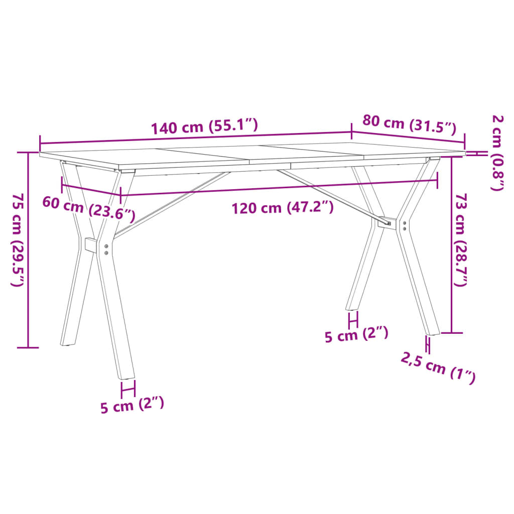 Spisebord Y-ramme 140x80x75 cm heltre furu og støpejern