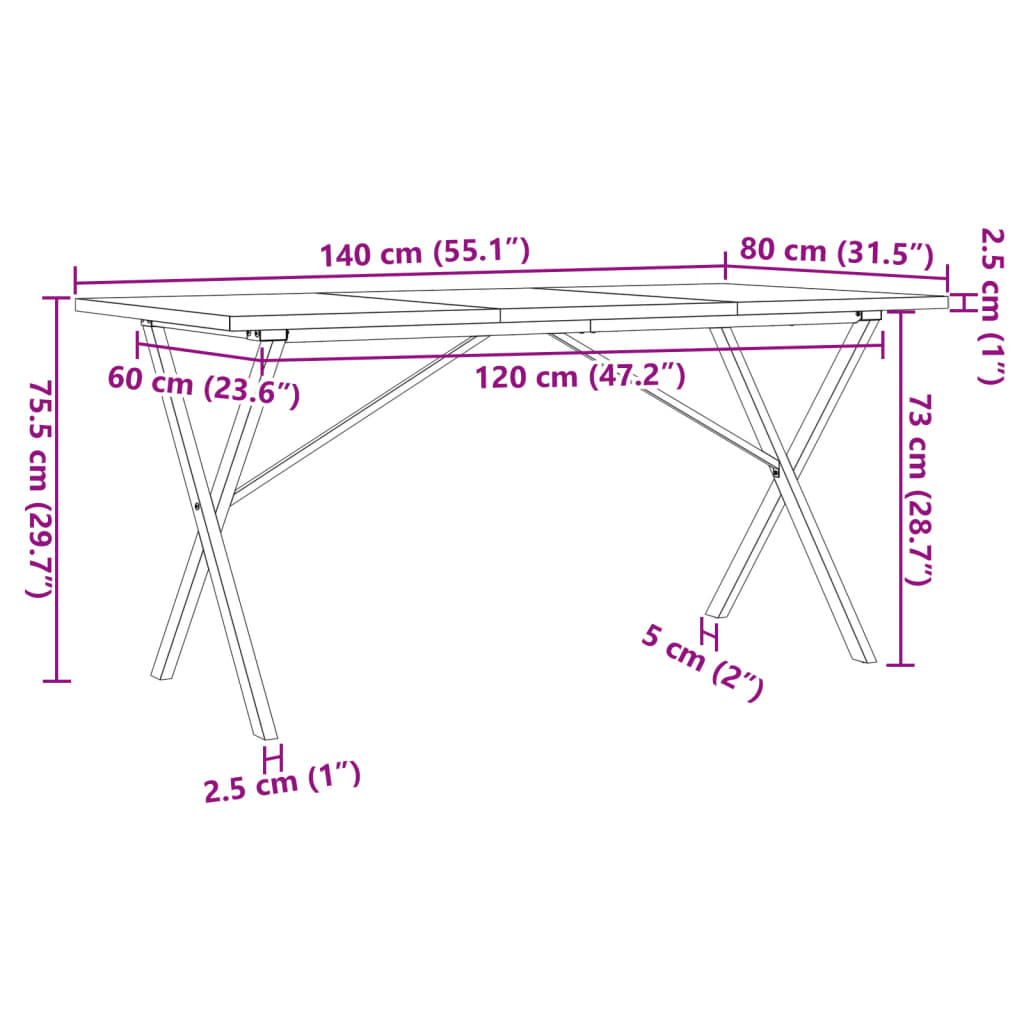 Spisebord X-ramme 140x80x75,5 cm heltre furu og støpejern