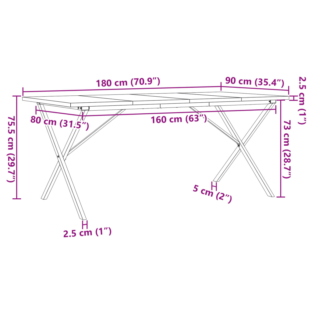 Spisebord X-ramme 180x90x75,5 cm heltre furu og støpejern