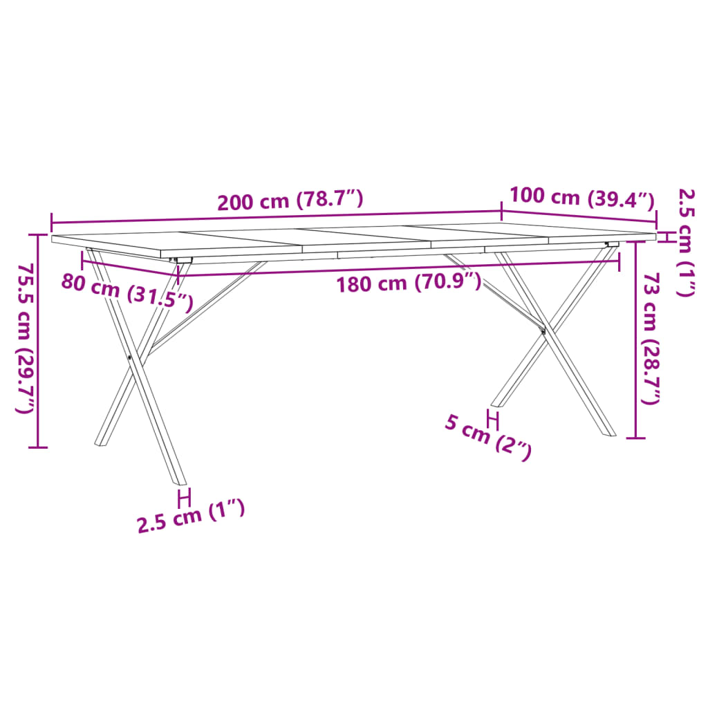 Spisebord X-ramme 200x100x75,5 cm heltre furu og stål