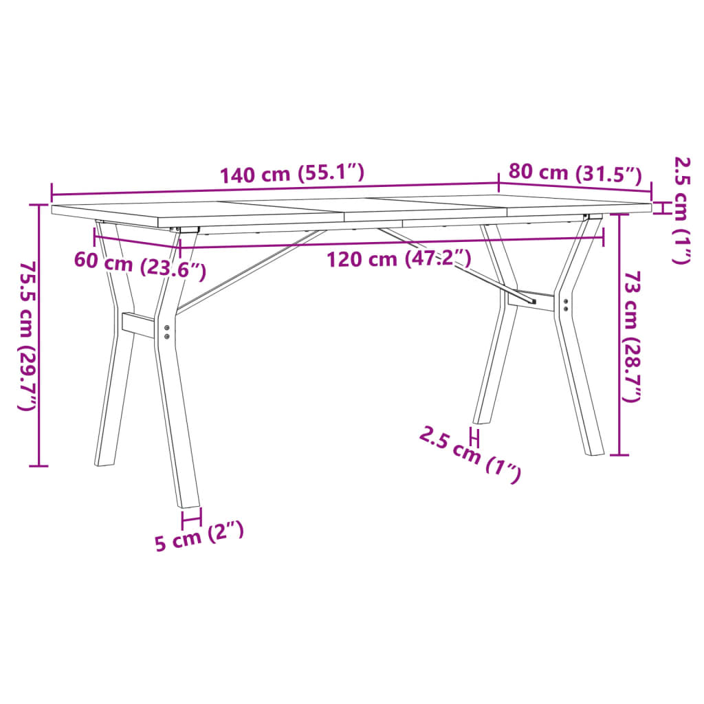 Spisebord Y-ramme 140x80x75,5 cm heltre furu og støpejern