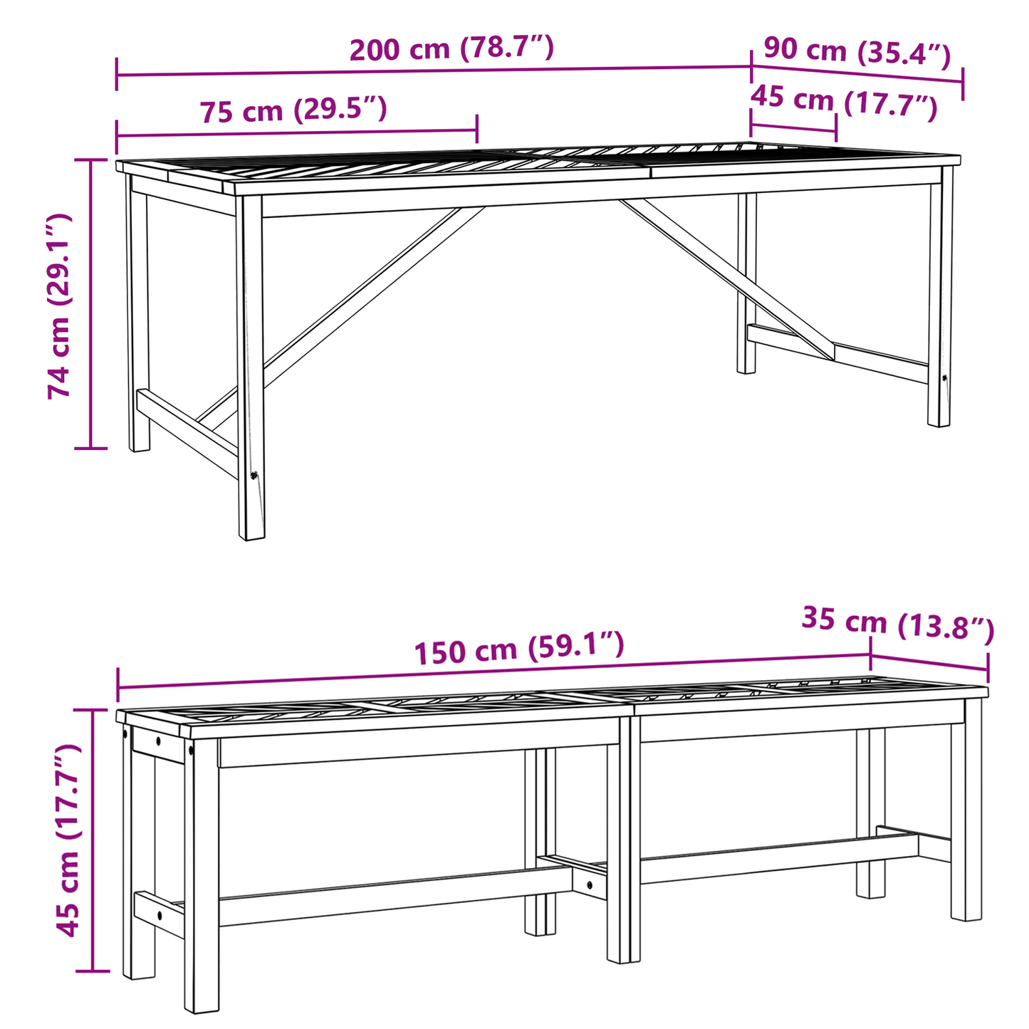 6 Delt Hage Spisebordsett Massivt Tre Akasietre