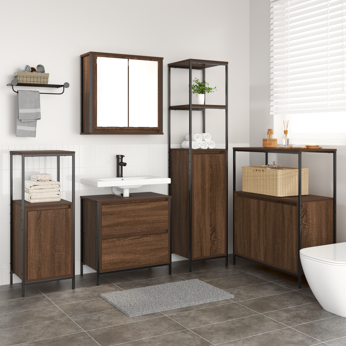 5-delt baderomsmøbelsett i brun eik laget av tre