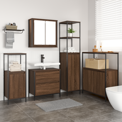 5-delt baderomsmøbelsett i brun eik laget av tre
