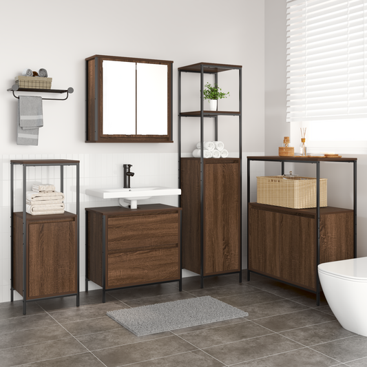 5-delt baderomsmøbelsett i brun eik laget av tre