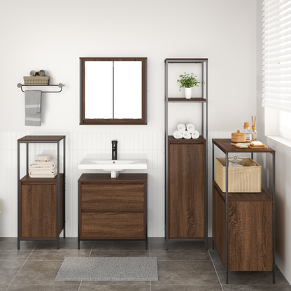 5-delt baderomsmøbelsett i brun eik laget av tre