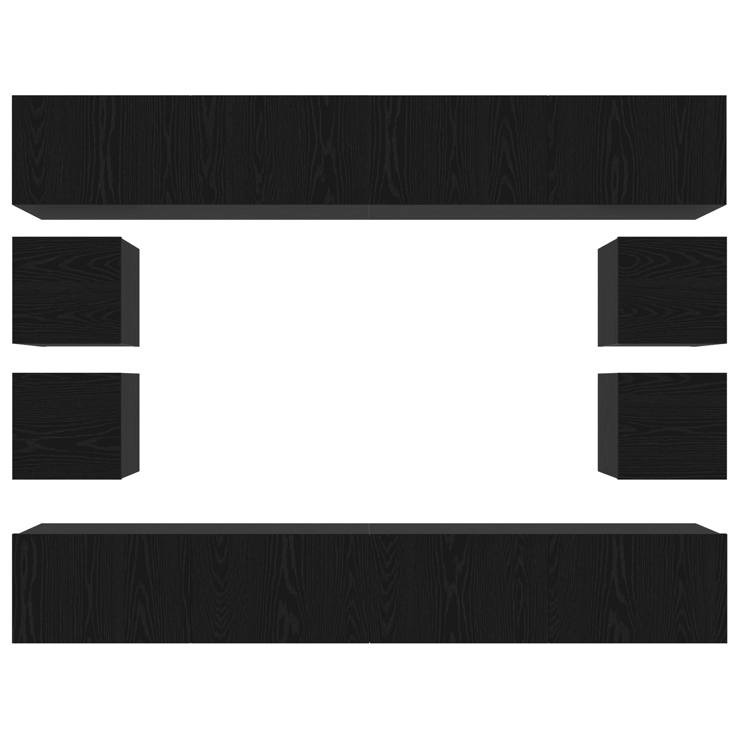8-delt TV-skapsett – Veggmontert svart eik, laget av konstruert tre