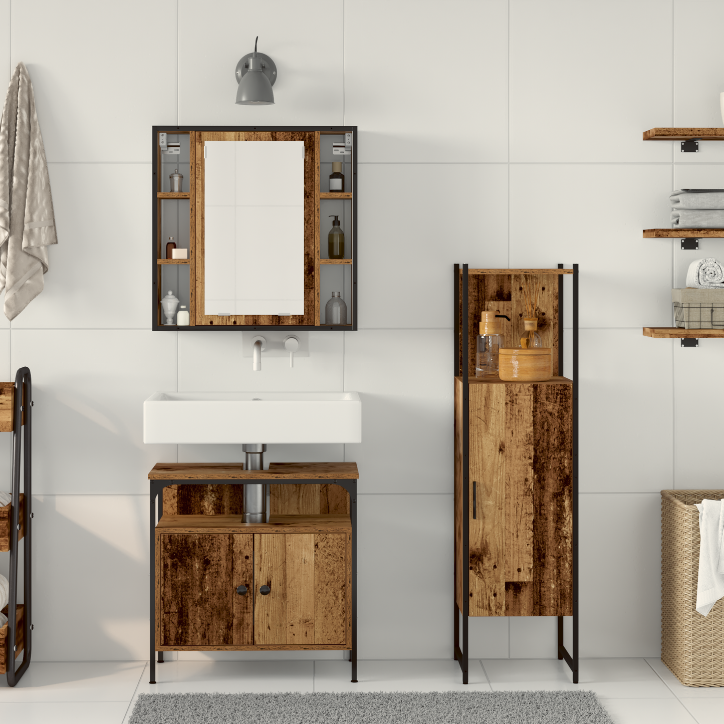 3-delt baderomsmøbelsett gammelt tre konstruert tre