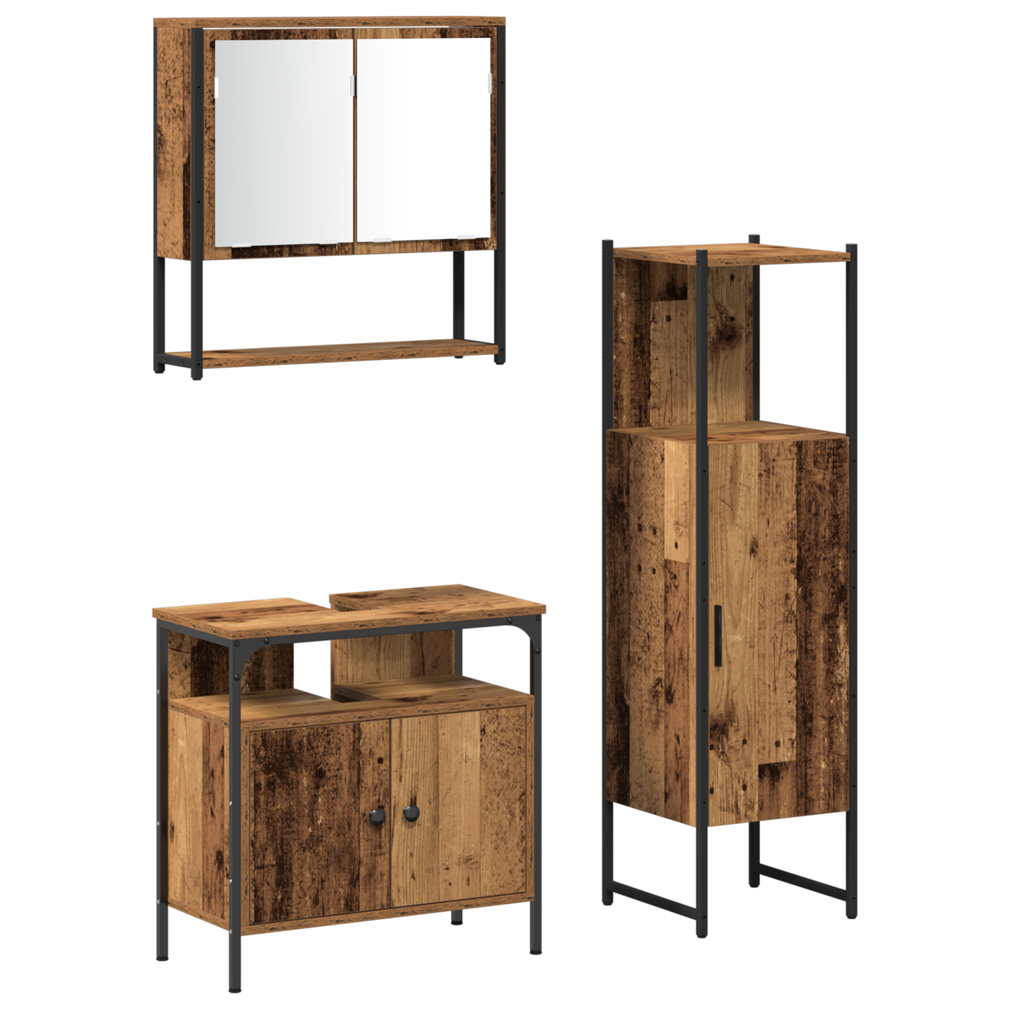 3-delt baderomsinnredningssett i gammelt tre