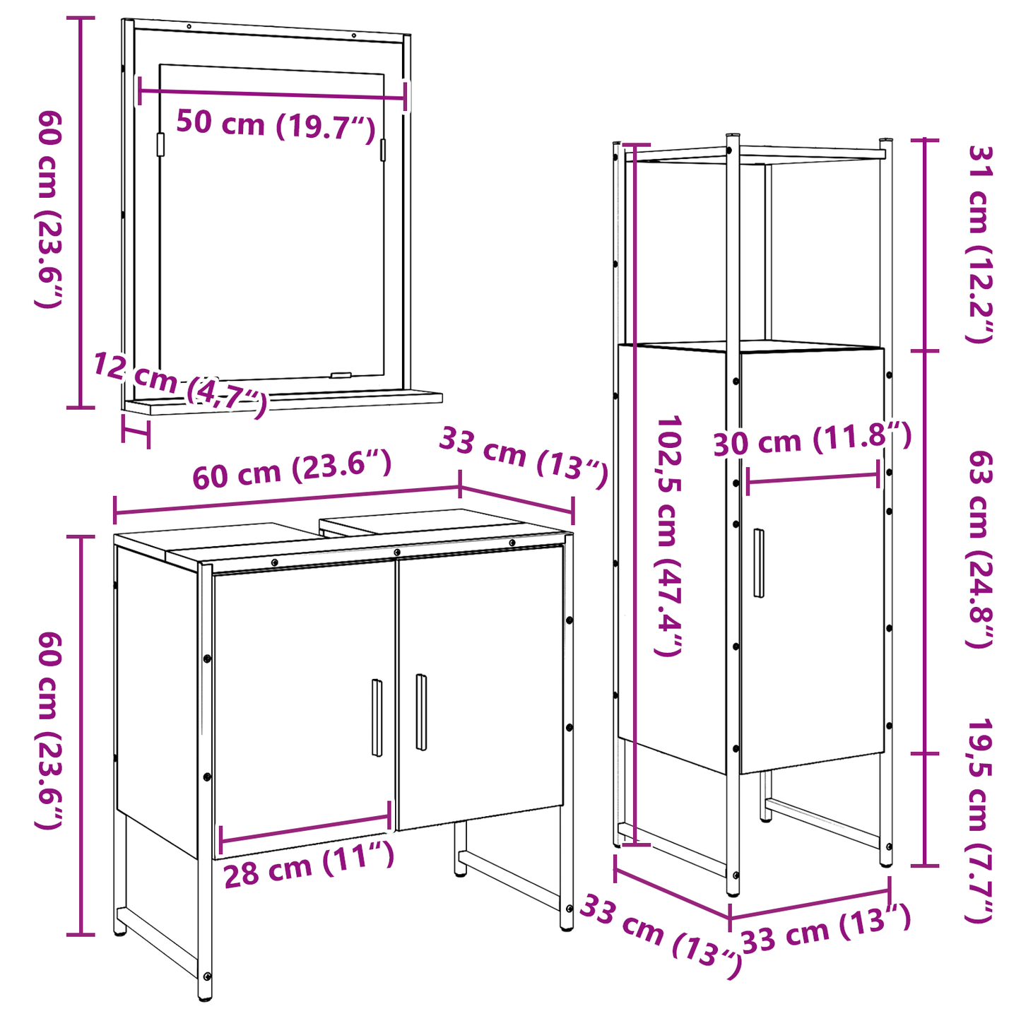 3-delt baderomsskapsett i gammelt tre, konstruert tre