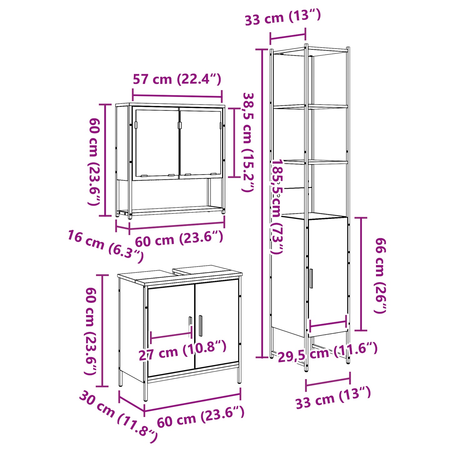 3-delt baderomsmøbelsett i gammelt tre og konstruert tre