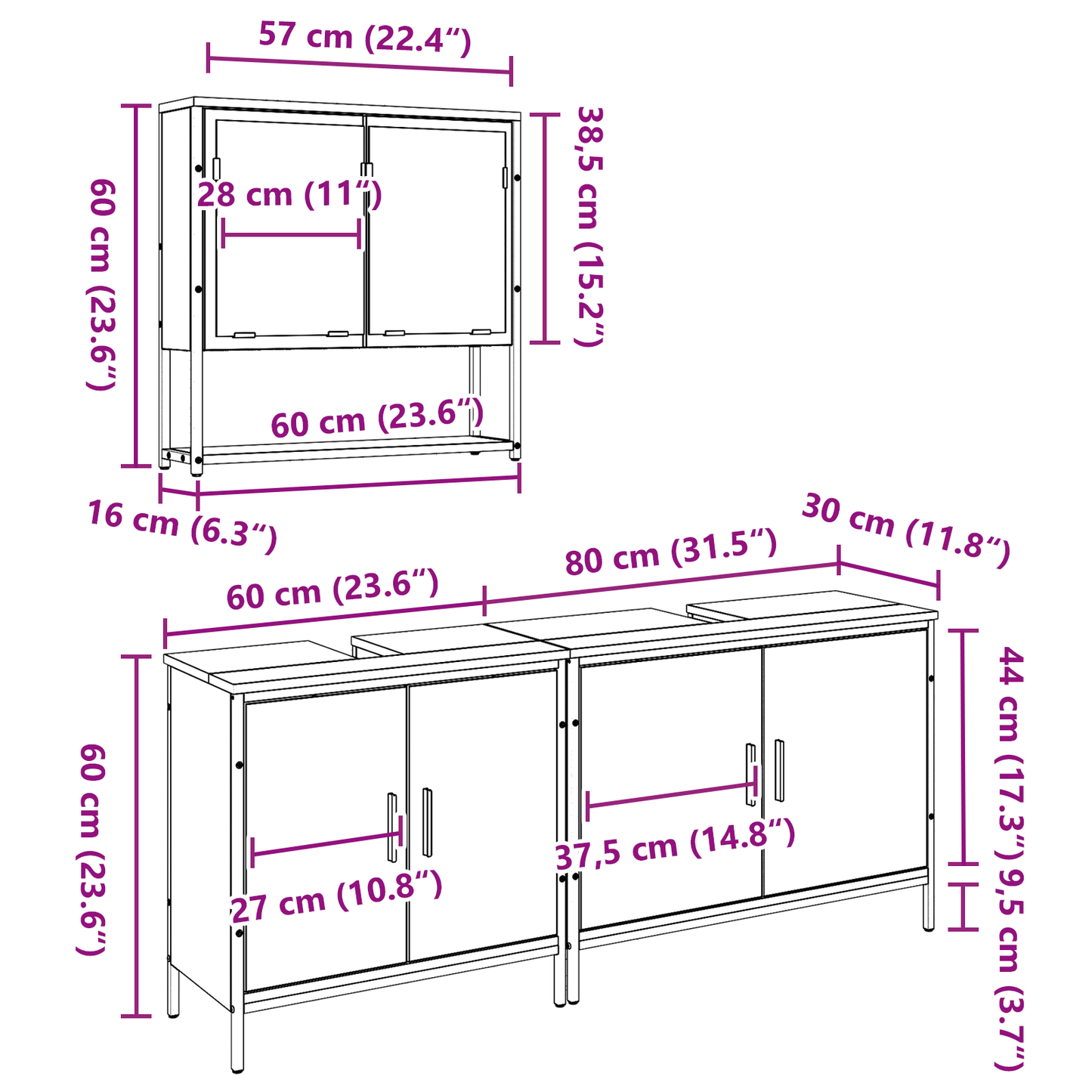 3-delt baderomsinnredningssett i gammelt tre og konstruert treverk
