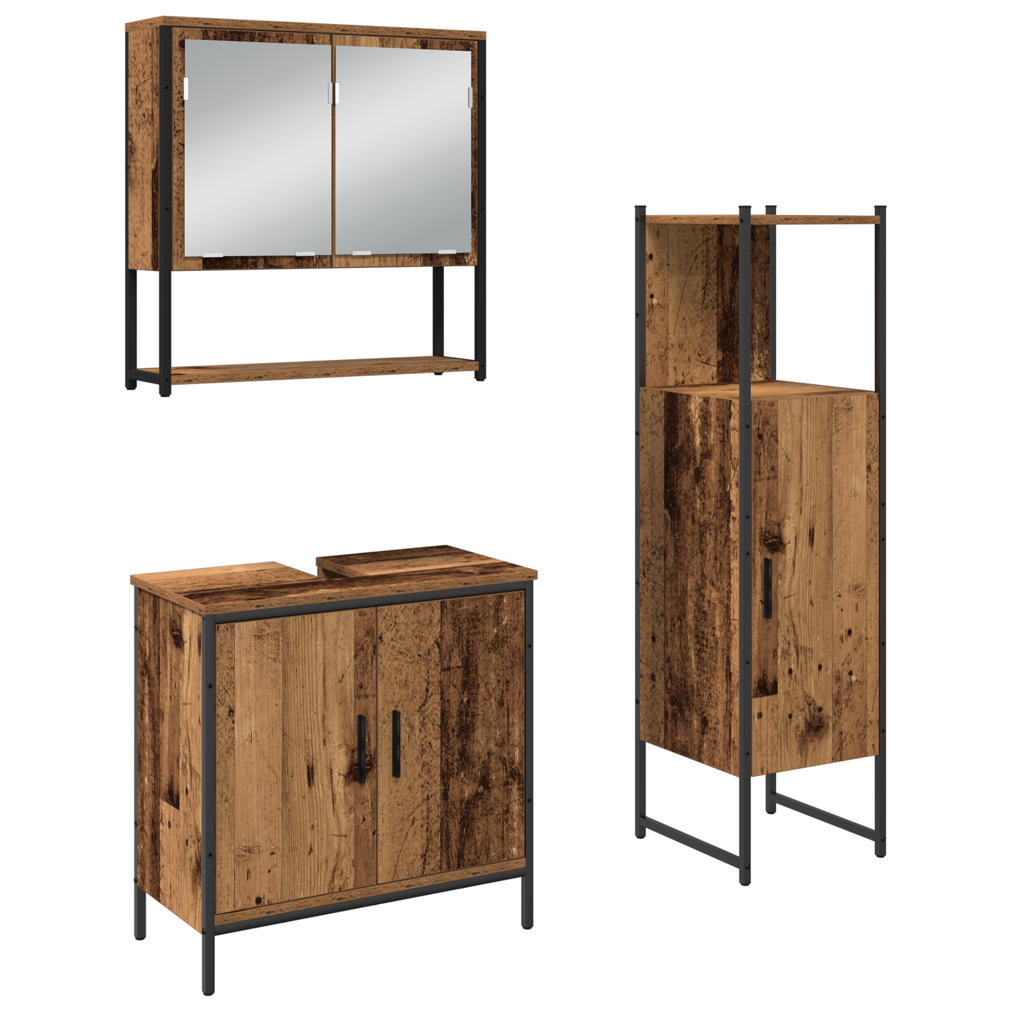 3-delt baderomsmøbelsett i gammelt tre og teknikktre
