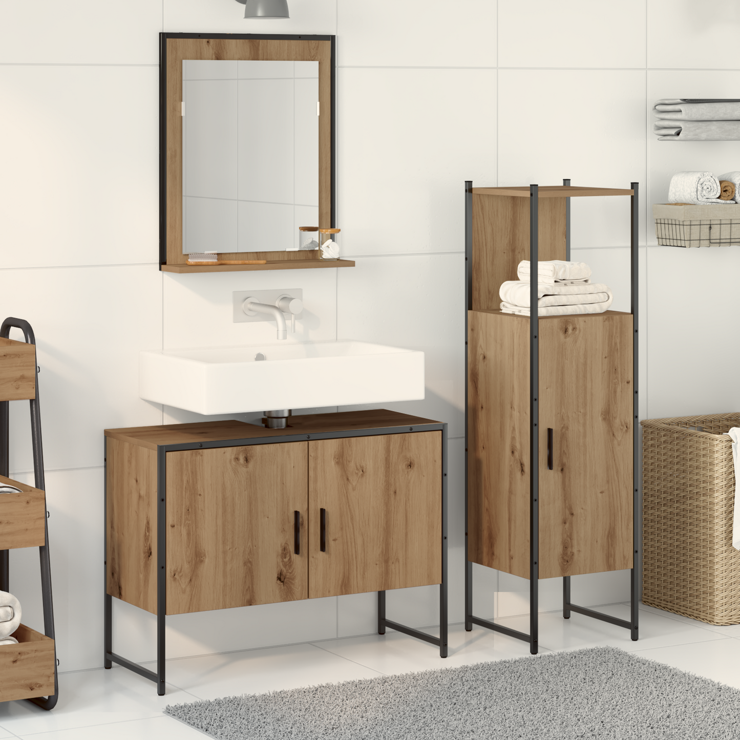 3-delt baderomsmøbelsett i Artisan eikekonstruert tre