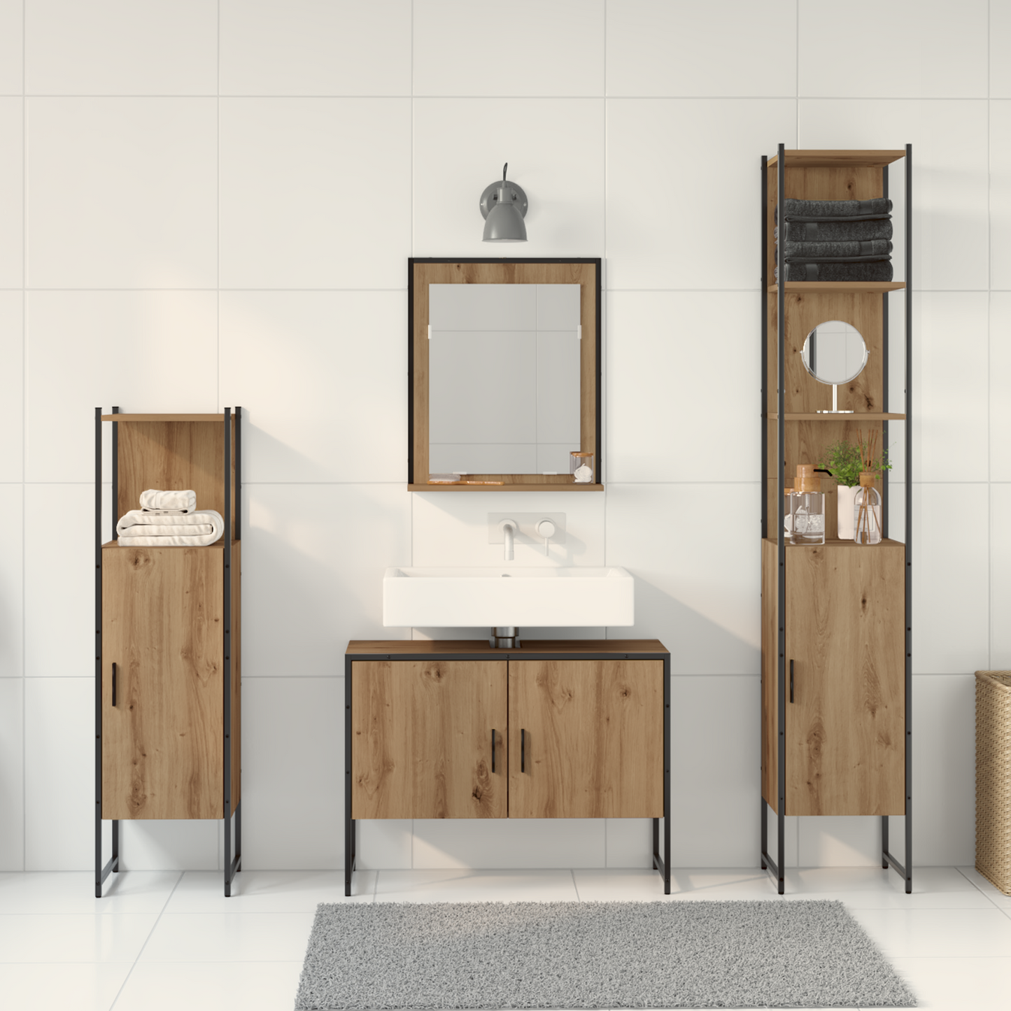 4-delt Baderomsmøbelsett Kunstnerisk Eik Konstruert Tre