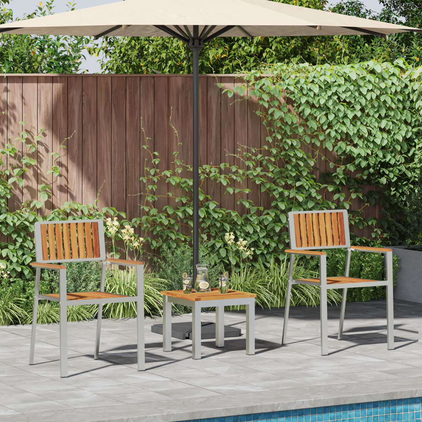 3-delt hage spisebordsett massivt akasietre