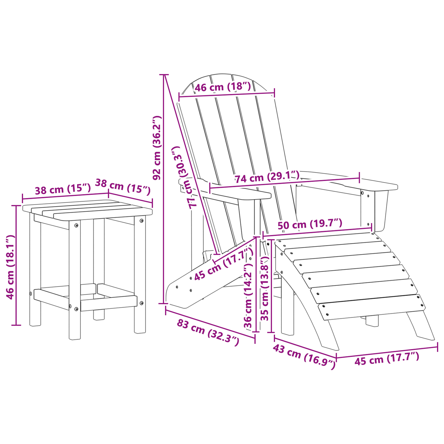 3-delt hagemøbelsett lysegrå HDPE