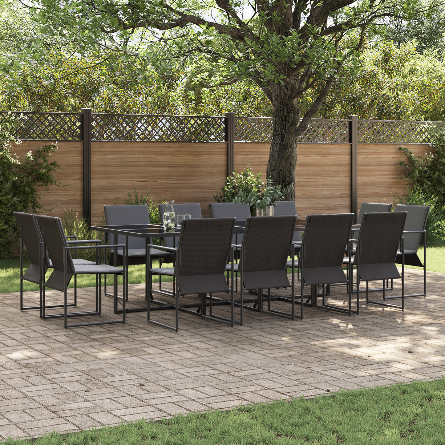 16 deler hage spisebordsett med puter i stål og textilene