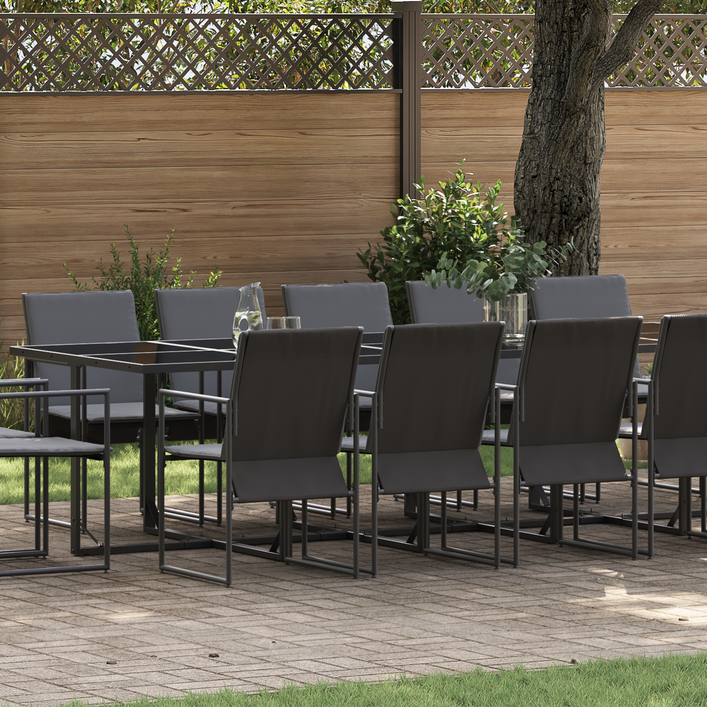 19-delt hage spisesett med puter i stål og tekstilene