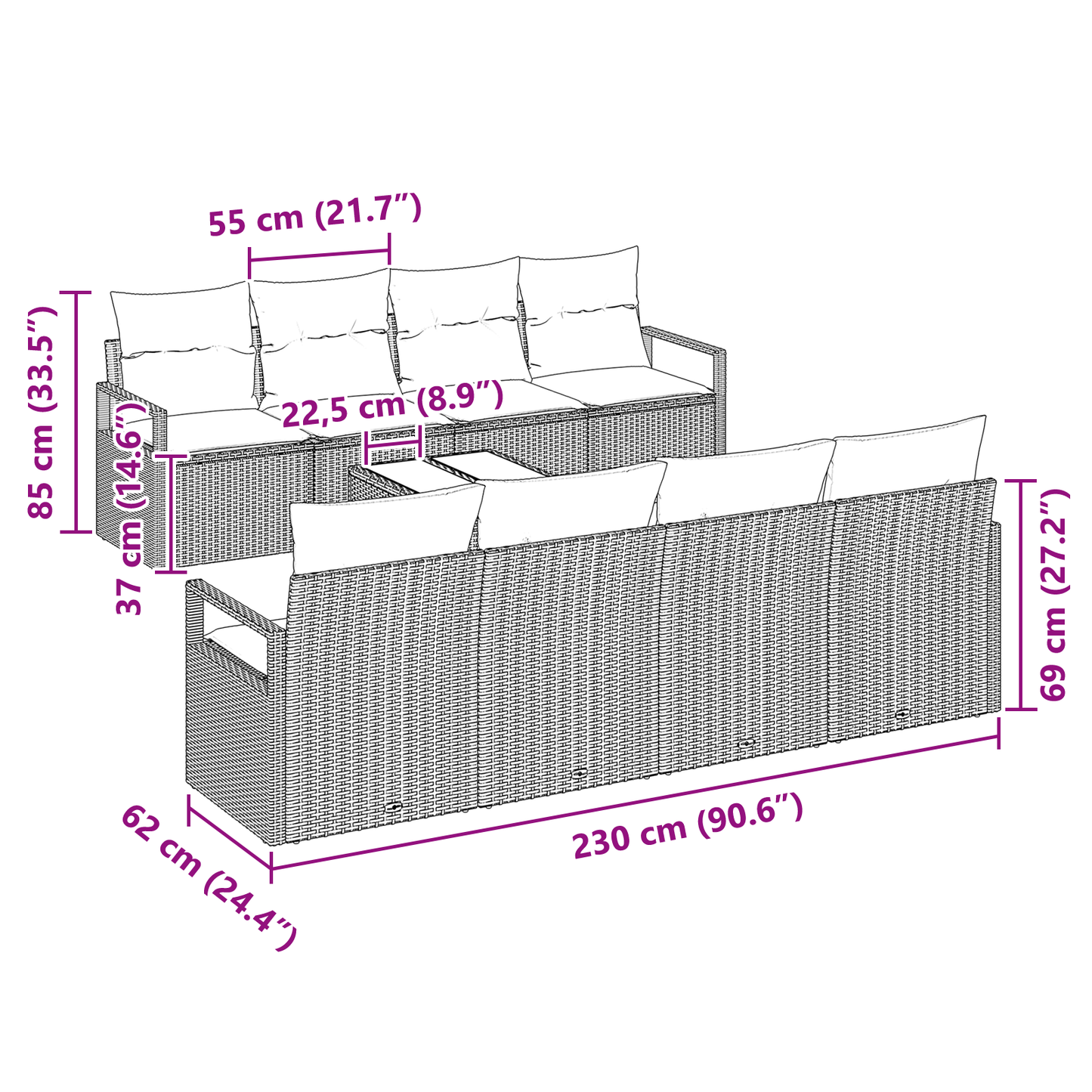 9 Delt Hagesofa Sett med Puter Brun Poly Rattan
