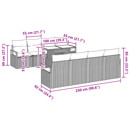 9-delt hagesofa sett med puter brun poly rattan