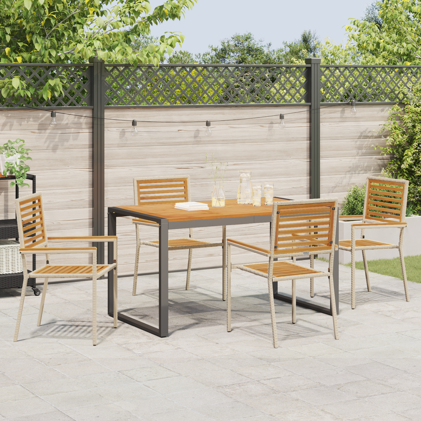 5 Delt Hage Spisebordsett Beige Poly Rattan Akasie