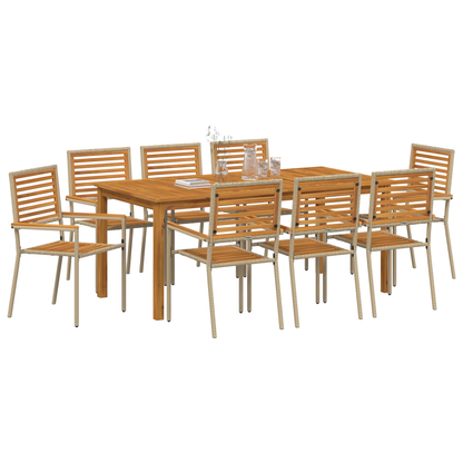 9 Delt Hage Spisebordsett Beige Poly Rattan Akasie