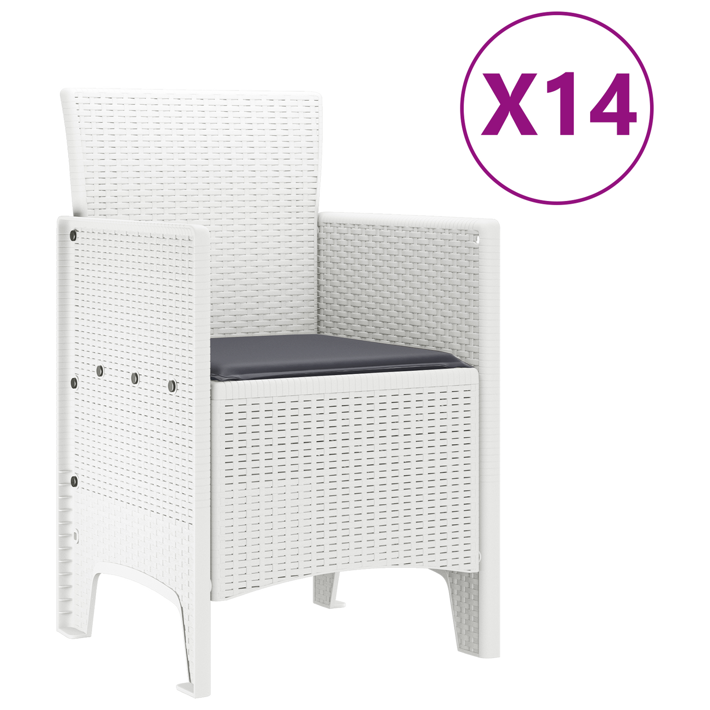 15-delt hage spisebordsett med puter i hvit polyrotting