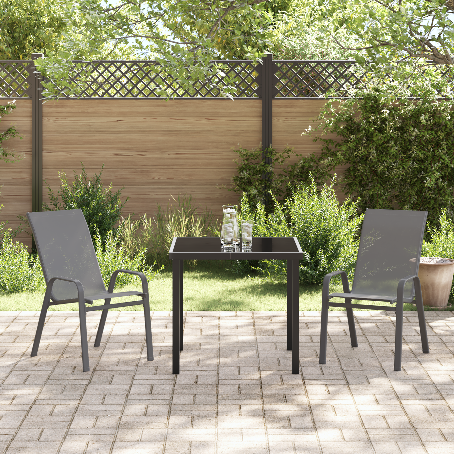 3-delt hage dining set grå textilene og stål